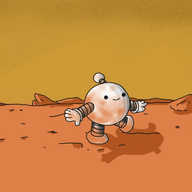 A spherical robot with banded arms and legs, strolling cheerfully across the surface of Mars: a barren, rocky, red-brown plain beneath a toffee-coloured sky. The robot is partially covered with smears of dust the same colour as the ground.