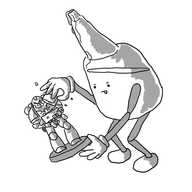 A robot transparent bottle of superglue with a top-mounted nozzle. It has jointed limbs and is in the process of sticking a shoulder pad to a Warhammer 40,000 Space Marine miniature, its tongue sticking out in concentration.