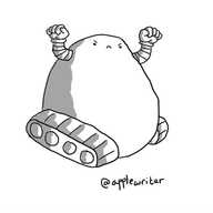 A large, pear-shaped robot mounted on two caterpillar tracks, with two banded arms raised in fists and an angry little face near the top of its body.