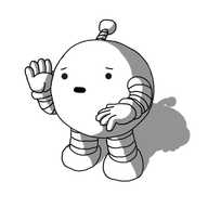 A spherical robot with banded arms and legs and an antenna, holding up one hand beside its face as it looks aside with a worried expression.