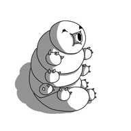 A robot tardigrade: it has a body divided into five squashed, ellipsoid segments, the topmost of which is its head, with a little tapered cylinder emerging from between its chubby cheeks and happy eyes. Each of its other segments have two round paws on them, each with three spiky claws. It's sitting up, curled on its rearmost section, waving its paws in the air.