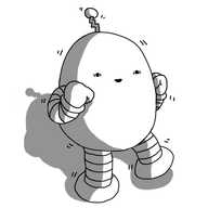 A roughly ovoid robot with banded arms and legs and a zigzag antenna, clutching its fists to the side of its face and dancing from one foot to the other as it vibrates. Its eyes are wide and a little manic, but it seems happy enough.