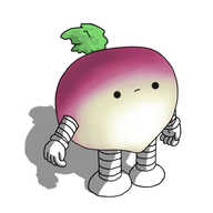 A robot in the form of a little grumpy turnip with banded arms and legs. It has a tuft of green sprouting on its top and its body is coloured purple and white, the colours fading into one another laterally.