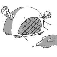 A dome-shaped robot on four wheels with two arms on either side. Instead of a mouth it has a large grill which blasts heat and is currently melting a small chunk of ice into a puddle. Its fists are clenched and it looks very angry.