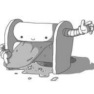 A robot resembling an old-fashioned washing mangle. It has two round-topped side brackets and two thick, cylindrical rollers running between them. The robot's smiling face is on the uppermost roller. It has two banded arms on either side, parallel with different rollers. It's feeding a damp cloth through its rollers, pulling with one hand, depositing a puddle of water beneath it as it wrings it out.