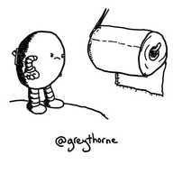 An ovoid robot stands on a toilet lid with its hands on its hips, frowning grumpily at a toilet roll hanging with its loose end closest to the wall. A little flick switch is visible on the robot's back.