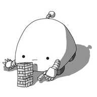 A large, domed robot with four wheels on its underside, an antenna and banded arms. It's playing a game of Jenga, gently removing one of the blocks with a look of concentration on its face.