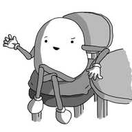 A round-topped robot with jointed arms and legs, sitting cross-legged at a table, propped up on a cushion. It's leaning on the table and smiling as if telling an amusing anecdote.