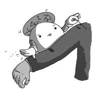 A hovering, spherical robot with banded arms and a propeller on its top, tending to the suited arm of a person. It's picking a stray hair off the shoulder with one hand, while sweeping off some dust from the cuffs with the other. It's frowning and its tongue is sticking out in concentration.