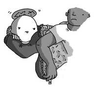 A person awkwardly trying to don a coat with an unhappy expression on their face, as a round robot with a propeller on its top holds the coat's sleeve and tries to maneuver it onto their arm.