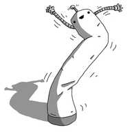 A tall, cylindrical robot, flailing around randomly, bending in several places. It has thin, banded arms that are flying around and an antenna. It's smiling inanely, dancing quite happily.