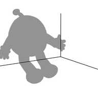 The corner of a room with a small robot's shadow projected onto it. It appears to be ovoid, with the usual banded arms and legs and antenna arrangement. However, there's no robot in the picture, just a shadow.