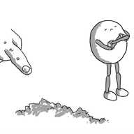 A round robot with jointed limbs closing its eyes and pouting, arms folded, as someone points at some moss.