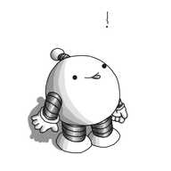 A spherical robot with banded arms and legs and an antenna, looking upwards and smiling as it sticks out its tongue. A tiny snowflake is drifting down towards it.