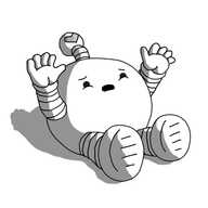 A spherical robot with banded arms and legs and an antenna with a little pink heart on it. The robot is sitting on the ground, looking upwards with its arms raised, with a pained expression that makes it look like it's on the verge of tears.