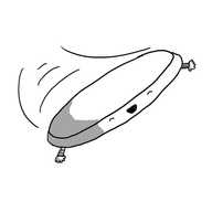 A joyous, disc-shaped robot flying through the air. It has a face on its leading edge and two little arms hanging down.