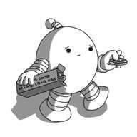 A round robot with banded arms and legs and an antenna, holding a rectangular box labelled "CHOCOLATE COATED ORANGE SPONGE DISCS" in one hand, while the other delicately proffers one of said discs. It has a concerned expression on its face.