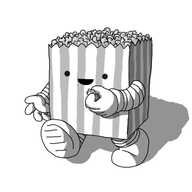 A robot in the form of a striped carton of popcorn. It has banded arms and legs and is smiling as it places a piece of its popcorn in its mouth.