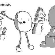 A rounded robot with long, jointed limbs angrily wielding a clipboard and pencil and wearing a headset with attached microphone. It's gesturing furiously with its pencil towards a floral display and is also surrounded by a tiered wedding cake (topped with a smolrobots bride and groom) and a large, sweating ice sculpture of Bigbot.