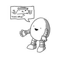 An ovoid robot holding out its hands as it cheerfully emits a speech bubble that has a complicated diagram of how something labelled "TIDAL DRIVE" functions.