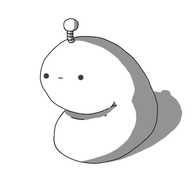 An amorphous, rounded robot with no limbs, sitting on the floor, folded over in its middle so it seems to be faintly despondent. Its face is impassive and it has an antenna on its top.