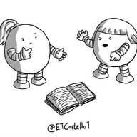 Two round robots, one with a high ponytail and one with a bob, passionately arguing as they stand over an open book.