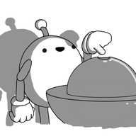 An ovoid robot with jointed arms and legs and an antenna. It's standing beside a metal object consisting of a solid hemispherical shape with its flat edge oriented upwards, and a slightly smaller sphere half-embedded in that that has a little divot on the top. It's a drawing of the 'demon core', the highly-radioactive mass of nuclear material manufactured by the Manhattan Project that was originally intended to be the fissile core of an atomic bomb, but was later used for testing and experimentation, and was responsible for the deaths of at least eight people in the process. The robot is smiling vacantly and pointing at the core, and the shading on the robot implies it's giving off a fierce glow (which it didn't in real life, of course).