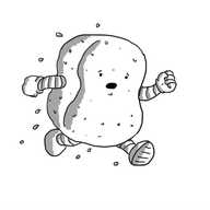 A robot in the form of a figure-8-shaped sponge, rushing onto the pitch with a panicked expression on its face, drops of water flying out of it.