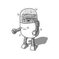 A sort of capsule shaped robot with a transparent dome making up its top section. In that section is an agitated liquid and the robot, which has banded arms and legs, seems to be straining to make this happen, its eyes screwed tight and its mouth represented by a zigzag line. It has a little tap on its back, presumably to dispense the liquid.