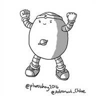 An ovoid robot wearing a Wonder Woman-style tiara and converses and with a ringed planet symbol on its belly. It's raising and flexing its biceps in a power pose with an expression of pleased determination on its face.