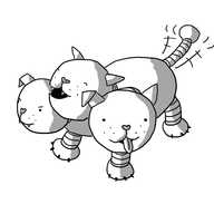 A robot puppy with three heads. One is sticking its tongue out, one is howling and one looks vaguely angry. Its tail is wagging happily though.