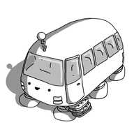 A chunky little bus with six banded legs instead of wheels, a zigzag antenna on its roof and a smiling face on the front. The door at one end is accessed by a set of three retractable steps.