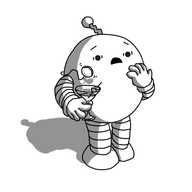 An ovoid robot with banded arms and legs and a zigzag antenna, delicately holding a martini glass with two olives in it. Its other hand is raised to its mouth and it has a horrified expression on its face. A monocle, attached by a cord that disappears to the robot's rear, is dropping from its eye, straight towards the glass.