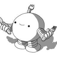 A spherical robot with banded arms and legs, smiling as it offers a spoon with one hand and a fork with the other. It has a little antenna with the end of a proper spork on it.