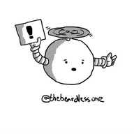 A spherical robot held aloft by a propeller on its top, and holding up a small sign with an exclamation mark on it.