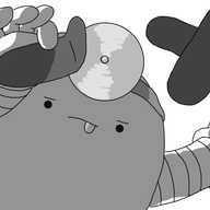 An ovoid robot with banded arms, viewed from the waist up, looking directly at the frame. It's wearing an old-fashioned doctor's head mirror and sticking its tongue out in concentration as it adheres a plaster (band-aid) to the screen. Another two are already in place, formed into a cross, blocking part of the view.