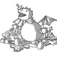 A robotic dragon with a large spherical body and an pvoid head with a large, fang-filled mouth. It has little wings and a barbed tail and is sitting on a heap containing magazines, envelopes, a child's drawing, a USB cord, a bottle cap, a Lego brick, a CD, a paperclip, a hairband and a nail file.