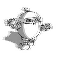 An ovoid robot with banded arms and legs and an antenna, wearing old-fashioned boxy 3-D glasses and holding out its hands as it stumbles forward, looking around with an awed expression on its face. The robot's outline is blurred by the presence of semi-transparent versions of the same image in red and cyan superimposed around it, in the manner of anaglyph 3-D images.