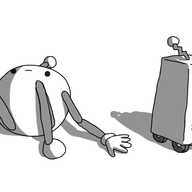 Two robots: one is spherical with long, jointed arms and legs and an antenna, flopped on the ground and looking grumpy. The other is a tall trapezoid with wheels on the underside, a zigzag antenna, no mouth but grumpy eyes near the bottom of its front surface.