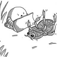 An upturned beetle lying in an area of dirt with tufts of grass and some mushrooms growing nearby, waggling its legs and looking sad. A rounded robot with tracks and a large bulldozer blade on its front is approaching with a concerned expression on its face.