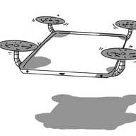 A robot in the form of a flat, square tray with rounded corners and an angled lip around its edge. Four banded arms extend from each corner, attached to the invisible underside of the robot, each of which ends in a little propeller, holding it aloft. The robot's face is on the front edge of the tree, the eyes quite close to the corners, with a little smiling mouth in the middle.