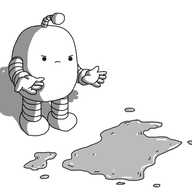 A lozenge-shaped robot with banded arms and legs and an antenna, holding out its hands as if in disbelief and frowning at a puddle of liquid on the floor near its feet.