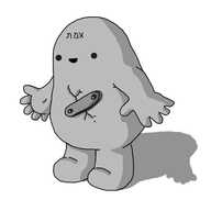 A chubby, amorphous robot with integrated limbs, resembling a friendly version of the traditional Jewish golem. It has a crack on its chest patched up with a curved strip of metal, bolted in place, and Hebrew lettering on its forehead: אמת which means "truth". It's smiling quite happily.