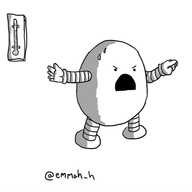 An ovoid robot yelling and pointing as it gestures towards a wall-mounted thermometer. It has two beads of sweat on its forehead.