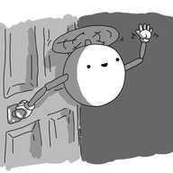 A spherical robot with joined arms, held aloft by a propeller on its top. It's hovering in a doorway, smiling and waving, with its hand poised on the doorknob.