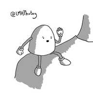 A round-topped robot sitting on someone's shoulder, hand raised to its face as if making an aside to them.