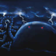 A full-colour scene of a dark ridge beneath blue roiling clouds lit by forks of white lightning, with an enormous, round robot looming over it. The robot has many banded limbs emerging from its sides, each with an ovoid head at the end. The robot and the subsidiary heads each have a pair of glowering red eyes.