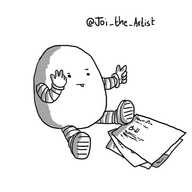 An avoid robot sitting down next to a sheaf of papers that show the Notokaybot crochet pattern, counting on its fingers as it sticks its tongue out in concentration.