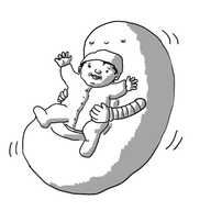 A kidney-shaped robot with two banded arms and a seat-like hollow on its innder side. A baby is nestled to it, held in place with its arms as it rocks back and forth on its rounded base. The robots eyes are closed and it smiles beatifically beneath long eyelashes.