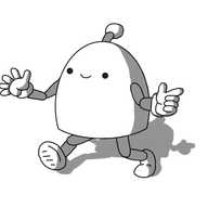 A bell-shaped robot with jointed arms and legs and an antenna. It's walking along smiling, pointing with one hand and waving with the other.